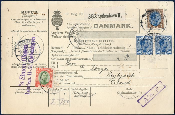 Parcel card from Copenhagen 5 April 1923 to Reykjavik, Iceland. Pair Danish 40 aur and 1 Kr. King Christian X cancelled with 'KØBENHAVN 5.4.23 4-6E K1'. Charged with Icelandic 30 aur King Christian X (defect NE-corner), cancelled with datestamp 'REYKJAVIK 14.IV.23'. Rare.