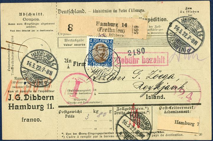 Parcel card from Hamburg 14 March 1922 to Reykjavik, Iceland. Prepaid in cash, no German stamps. Charged with Icelandic 1 kr. King Christian X and cancelled with datestamp 'REYKJAVIK 18.IV.22', with the stamp used as TOLLUR but cancelled with ordinary postmark.