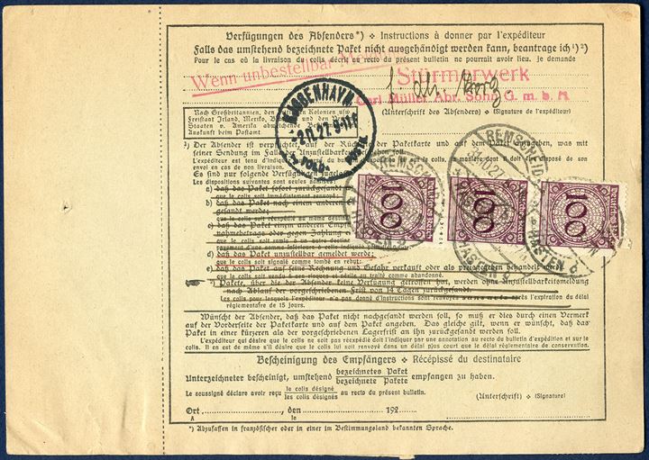 Parcel card from Remscheid 31 October 1927 to Reykjavik, Iceland. Deutsches Reich with two 100 pf (MI 343) and three on the back (one defect) and 40 pf Leibniz (MI 395) cancelled 'REMSCHEID 31.10.1927'. Rare destination.