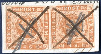Two 4 sk. 1854 dotted spandrels with ink cancellation from 'Inside franking'. Letters or applications handed in to the Local Customs office for the administration had to be franked by the public for corresponding letter rate in order for the public not to enjoy free postage. This 'document' will therefore have weighed between 15 and 30 grams, 2x 4 sk. letter rate postage. Part of revenue document 'Wroblewsky 185(7) Malling' visible above, see attached example of a document.