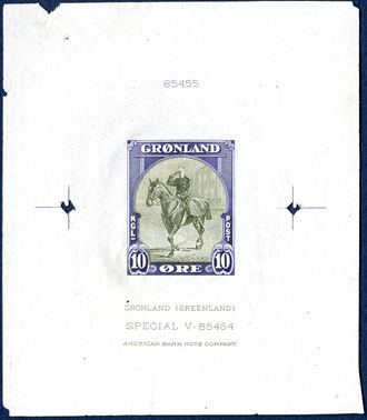Proof of 10 øre American issue on thin paper without gum, with production number '85456' in blue printed above and American Banke Note Company below, with printing guides on left and right side with punched holes.