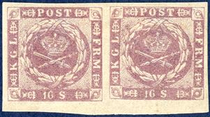 Pair 16 sk. lilac imperforate pair, pos. 94-95 with large white line above POST in pos. 95, wide margin below, hinged and in excellent condition. Exhibition item.