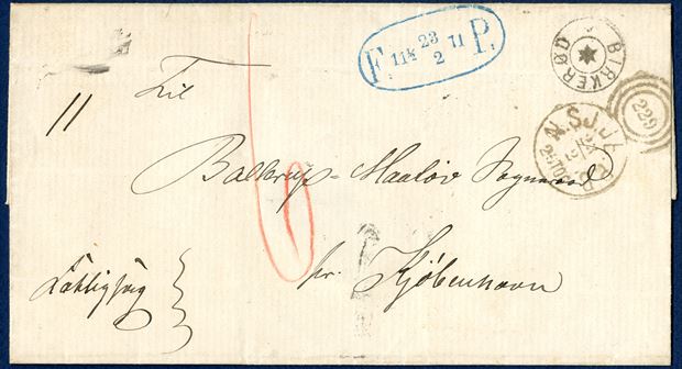 Fattigsag letter from Birkerød 23 February 1871 to Ballerup-Maaløv. Taarbæk type hand stamp 'BIRKERØD' alongisde TPO K-229 'n.sj.jb.p.b. 23/2 20TOG' and for service via Copenhagen Foot Post ' F: 11 1/2  23/2  71  P: ' in blue. Unpaid letter charged '6' sk. in red crayon.