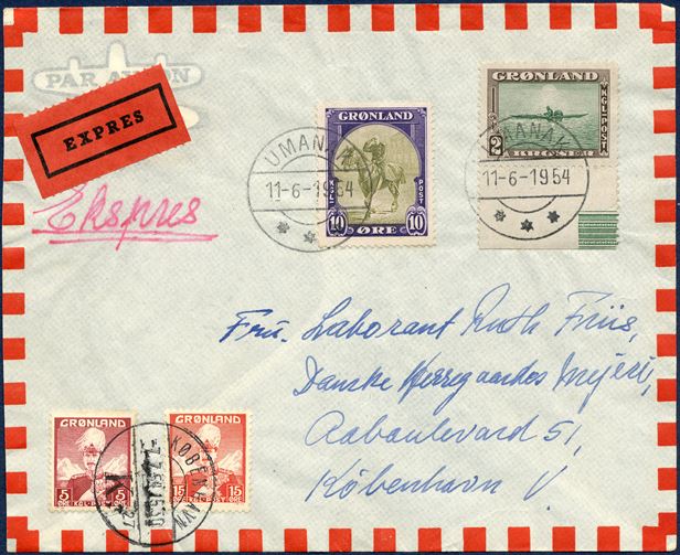 Express letter from Umanak 11 June 1954 to Copenhagen, Denmark. 10 øre and 2 Kr. American Issue and 5, 15 øre King Christian X tied by datestamp UMANAK 11-6-1954, red express label, and Copenhagen reception stamp on reverse 7.7.1954. Letter rate 30 øre 0-50 gram, 100 øre express fee, overfranked by 1 Kr. Although a late use, most of the high value stamps were at this time still for sale at in Greenland and frequently used for parcel cards. Philatelic usage.
