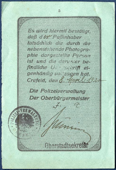 Plebiscit “Reise-Pas” page 5-6 issued Hamburg and stamped with the large VISA mark “Vised good for” stay in Slesvig at the border crossing Frørup, 12th April 1920 and valid for stay in Slesvig until 25 June 1920. Plebiscit SLESVIG 5 MK used as fiscal duty stamp, cancelled with oval “CIS 12. APR. 1920 SLESVIG”.