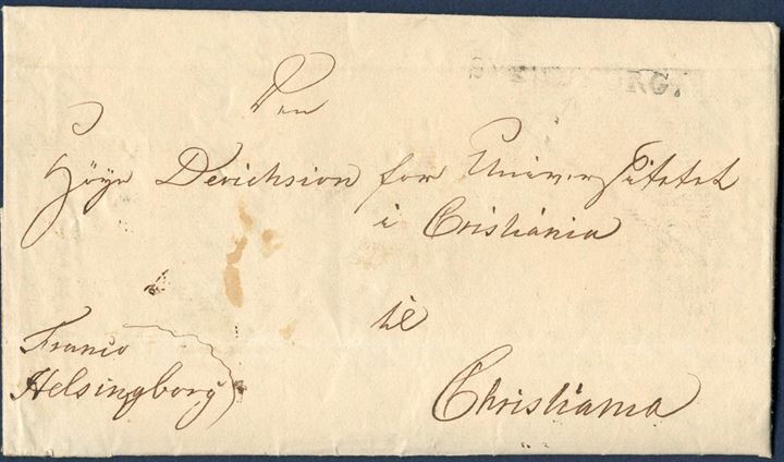 Partly paid letter to from Svendborg 4 October 1836 to Christiania, Norway. Sent – Franco Helsingborg – departure town manuscript on reverse – Svendborg – and straight line – SVENDBORG. – struck on front, the only recorded example from the pre-philatelic period, and known again on letters from April 1851. Postal rate marking, list no. – 69-24 – 24 sk. paid to Helsingborg.