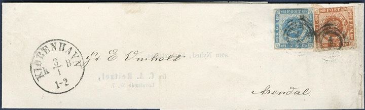Printed matter wrapper band sent from Copenhagen to Arendal, Norway 3 January 1864 bearing a 2 sk. 1855 and 4 sk. rouletted 1863 tied by numeral “1” Copenhagen alongside Copenhagen KB cds. 6 sk. rate for printed matters to Norway. Rare type of letter of which only a few wrapper bands are recorded to foreign destinations.