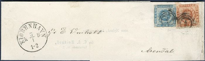 Printed matter wrapper band sent from Copenhagen to Arendal, Norway 3 January 1864 bearing a 2 sk. 1855 and 4 sk. rouletted 1863 tied by numeral “1” Copenhagen alongside Copenhagen KB cds. 6 sk. rate for printed matters to Norway. Rare type of letter of which only a few wrapper bands are recorded to foreign destinations.