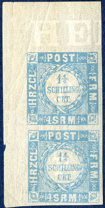 4 SRM blue, thick letters, vertical pair with part of sheet margin, lower stamp mint never hinged.