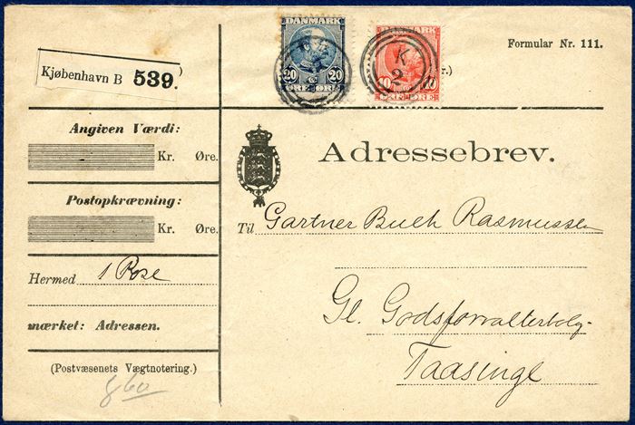 Parcel letter (Adressebrev) 8,60 kg. from Copenhagen Railroad station August 1906 to Taasinge. 10 øre red and 20 øre blue King Chr IX tied by 3-ring 'K 2' Esrom type, parcel label 'Kjøbenhavn B 539.' and backstamped 'TAASINGE 1.9.06 7-8F'. Vagn Jensen recorded from 3.3.1910 - 5.10.1916, this letter is postmarked August 1906.