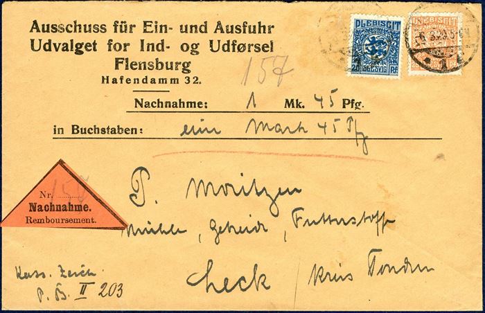 Money order for 1 Mk. 45 pf sent from Flensburg to Leck 6 March 1920, bearing a 20 and 25 pf Plebiscit tied by CDS Flensburg. Letter rate 20 pf plus 25 pf for Nachnahme, correct 45 pf franking.