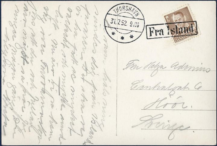 Postcard sent from Iceland via Thorshavn to Sweden, bearing a 20 øre King Frederik IX issue, posted in Thorshavn 31 July 1952, stamped with boxed Fra Island DAKA TO21, alongside Thorhavn CDS. A very scarce postmark on genuinely used post card.