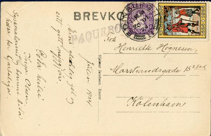 Postcard sent from Faroe Islands via Edinburgh to Copenhagen, bearing a 15 øre lilac 1924 Danish Postal 400th Anniversary, tied by two-ring “EDINBURGH 11 - 20 DE 24” alongside italic “PAQUEBOT”. With Danish Christmas seal, here used on the Faroe Islands. 15 øre domestic rate from 1.7.1920-1.4.1926, despite it was sent as ship mail via England.