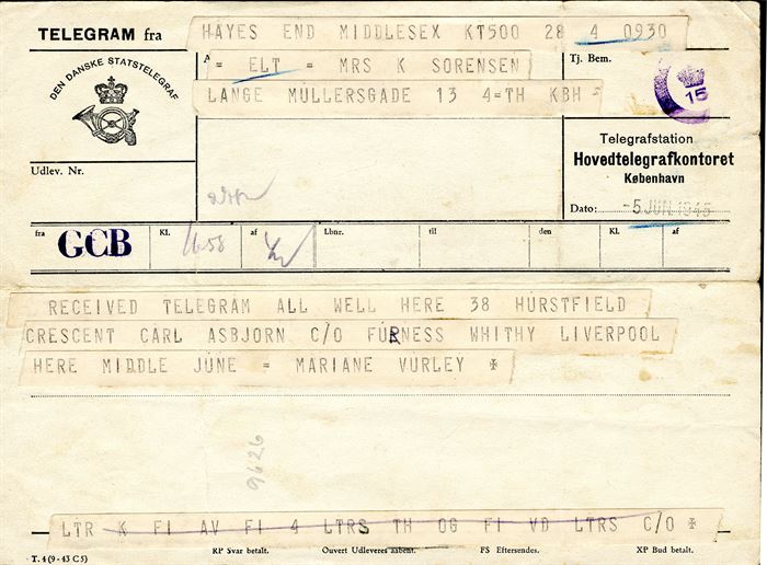 Copenhagen, Telegram from Middlesex, Copenhagen 5 June 1945. Post war censor mark 'C [Crown] 15' in violet. Rare.