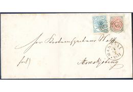 'frit' noted letter originally franked with 4 sk. bicolored Ib printing (1870) cancelled with numeral '89' Marstal and datestamp 'MARSTAL 24/2 1871'. Due to the 'frit' manuscript in lower left corner, the letter was subject to full unpaid rate of 6 sk. Thus, when bringing the letter to the counter af the post office, the clerk noted the franco marking, and sender was obliged to pay the missing 2 sk. - and then an additional stamp of 2 sk. lineperforation 12 1/2 1864-issue added. An extremely rare postal history item.