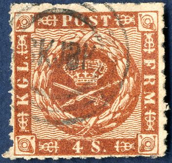 4 skilling rouletted issue 1863, canceled with esrom style postmark 'SKJBK' Skjærbæk. Upright and distinct cancellation. 