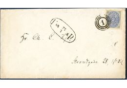 2 sk. bicolored VIII printing pos. A52 on foot post letter 27 July 1874 to Strandgade 28, 1Ste Sal. Canceled with distinct numeral '1' alongside FP (Skilling 8) in black 27/7 74. A clean and neat cover.