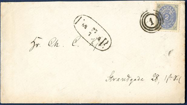 2 sk. bicolored VIII printing pos. A52 on foot post letter 27 July 1874 to Strandgade 28, 1Ste Sal. Canceled with distinct numeral '1' alongside FP (Skilling 8) in black 27/7 74. A clean and neat cover.