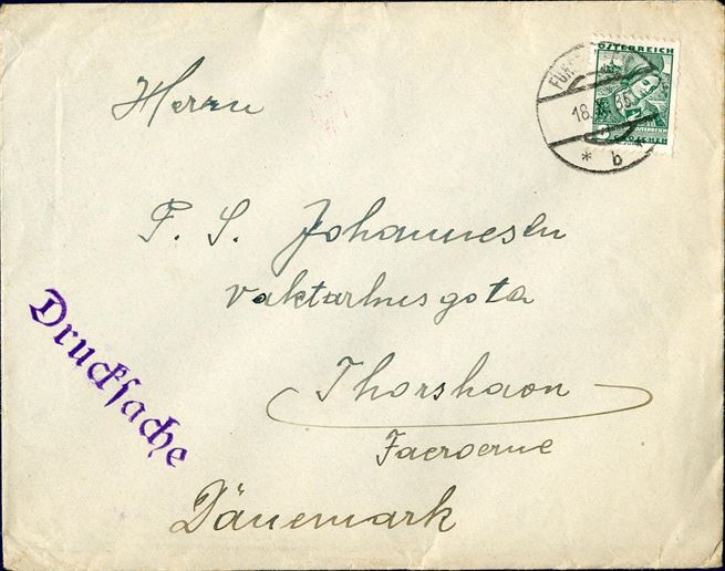 Printed matter sent from Fürstenfeld to Thorshavn, Faroe Islands 18.X.35 bearing an 8 Gr. “Volkstrachten”. Scarce destination.