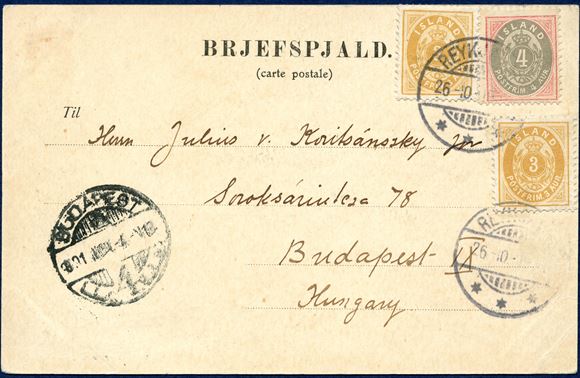 Postcard from Reykjavik 26 October (1901) to Budapest, Hungary. Two oval 3 aur yellow large 3 perforation 12¾ and 4 aur 1901 tied by cds ‘REYKJAVIK 26-10-1901’ alongside cds ‘BUDAPEST 4’ receving mark on front. UPU 10 aur postcard rate from 1.7.1880 – 31.3.1921. Hungary is a scarce destination for mail from Iceland at this time.