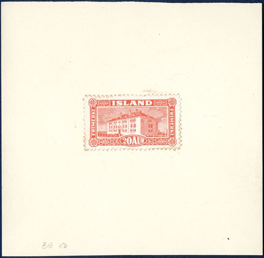 20 aur red Views and Buildings approved colour proof affixed on cardboard paper. The perforation is different here with line perforation 11½, the issued stamps is with comb perforation 14 x 14½. Only recorded.