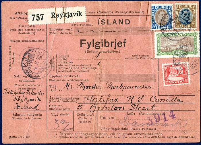 International parcel card from Reykjavik 3 October 1932 to Halifax, Nova Scotia, Canada. King Chrisitan 1 Kr. narrow lines and 5 Kr. broken lines, 50 aur Views and Buildings and 20 aur Gullfoss tied by cds ‘REYKJAVIK 3.X.32’. Sent via Denmark with parcel label ‘757 Reykjavik’ and transit mark ‘KJØBENHAVN 12.10.32.11-13 / 3 TOLD POSTKT.’ Parcel weighing 3,3 kilos, total postage paid kr. 6,70 for parcels between 3-5 kg to Canada via Denmark 1.12.1931 – 31.1.1935. Parcels to North America are extremely scarce.