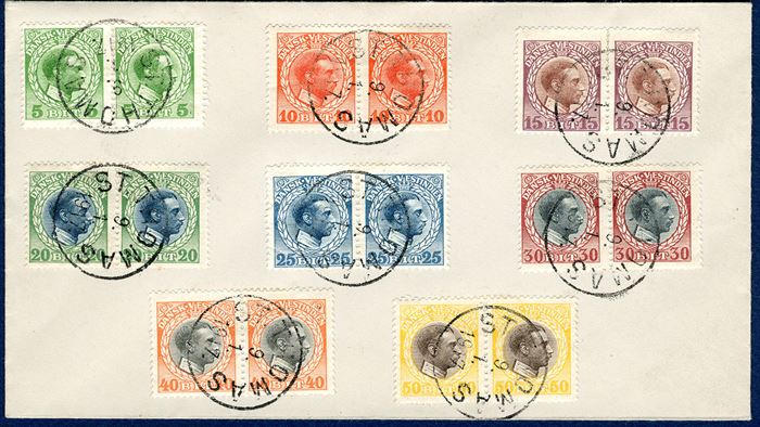 Complete set of King Christian X bicolored issue in pairs on small cuts, all tied by datestamp “ST. THOMAS 13.3.1917”. Complete sets larger than single stamps in used condition are extremely rare.