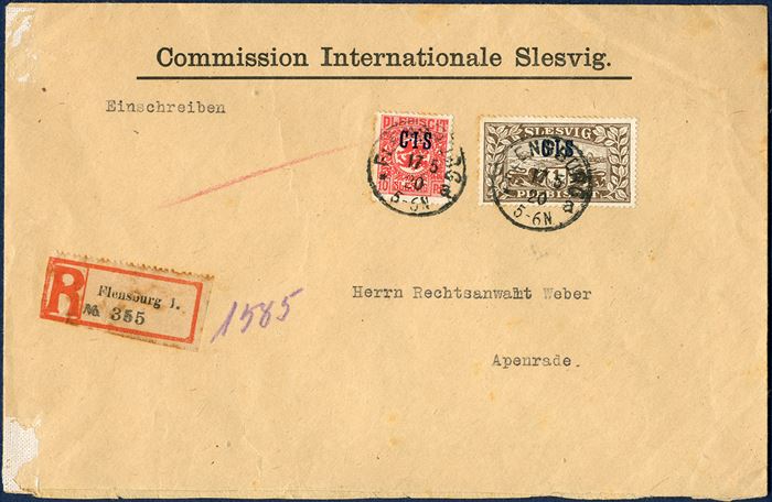 Registered letter from Commission Internationale Slesvig in Flensburg 17 May 1920 to Aabenraa, Denmark. 10 pf and 1 Mk. C·I·S overprint tied by datestamp FLENSBURG 17.5.20 5-6N, registration label ‘R / Flensburg 1. / No. 355’ and backstamped APENRADE 17.5.20.