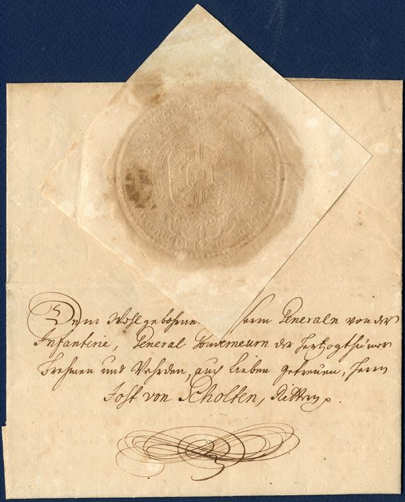Royal letter signed by King Frederik IV, dated Haupt-Qvartier vor Stade 10 September 1712 and addressed to General and General Gouvenor Jobst von Scholten during Great Northern War (Store Nordiske Krig). The letter is written in Stade, only two days after the Swedish capitulation and Stade remained Danish until 1715. 