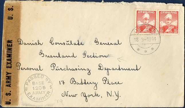 Letter from Ivigtut 18 September 1944 to New York, USA. Two 15 øre King Christian X tied with datestamp IVIGTUT 18-9-1944, US censorship and re-sealing transparent tape OPENED BY - U.S.ARMY EXAMINER and base censor mark PASSED BY US EXAMINER / BASE 1205 ARMY.