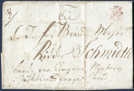 Entire letter delivered within Copenhagen ramparts 25 October 1818. Charged ‘8ß’ noted on back. In Copenhagen Foot-Post list no. 31 noted in NW-corner. Copenhagen Foot-Post struck FP type II in negative red imprint, only two-three such examples are recorded, stamped in red wax and with red crayon a cross. A great Foot-Post rarity in excellent condition.