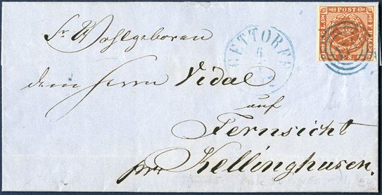 Letter inside date Aschau 6 May 1862 via Gettorf to Fernsicht per Kellinghusen. 4 sk. 1858 IV printing, wavy-line spandrels (small incision above right) cancelled with numeral ‘171’ blue ink Gettorf and datestamp GETTORF 6.5.1862. Aschau is located north of Gettorf.