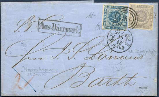 Letter from Copenhagen 18 December 1862 to Barth, Mecklenburg. 2 sk. 1855 and 16 sk. 1857 dotted spandrels, both tied by duplex “181 - SJ.JB.P.SP.B. 2 TOG” alongside boxed “Aus Dänemark” with transit marks “KDOPA Hamburg”, 2-ring “HAMBURG” and two-ring “BAHNHOF-HAGENOW” on reverse. The combination with 2 sk. 55 and 16 sk. 1857 is possible the only recorded, rate 18 sk. 15.7.1854 – 31.7.1865.
