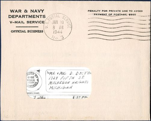 Processed “V-MAIL” letter sent from APO 610 (Keflavik), stamped “Passed by US BASE EXAMINER 0866”, dated 23 December 1943, sent to Muskegon, Michigan, with envelope stamped US POSTAL SERVICE NO. 3, 10 Jan 1944.
