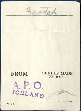 Mail sorting label used with the British Forces in Iceland, stamped “A.P.O.” “ICELAND”. Rare.