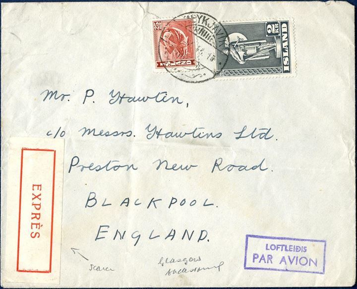 Registered air mail letter sent from Reykjavik to Blackpool, September 1946. Unusual expres label affixed.
