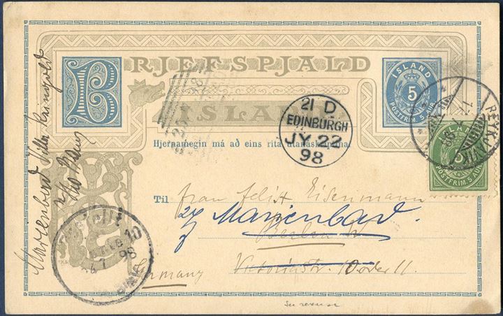 5 aur BRJEFSPJALD sent from Reykjavik to Berlin 17 July 1898, with additional franking 5 aur perf 12 3/4, Edinburgh transit mark and receiving mark Berlin on front, re-addressed in Berlin. Forerunner for picture postcards, with photograph affixed on reverse.