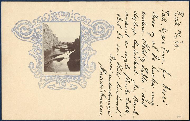5 aur BRJEFSPJALD with ornamental frame for photograph affixed on reverse. Card with greetings on reverse and dated Reykjavik 12 February 1899, and addressee filled out on the front, but apparently not processed for mail service. Very unusual card.