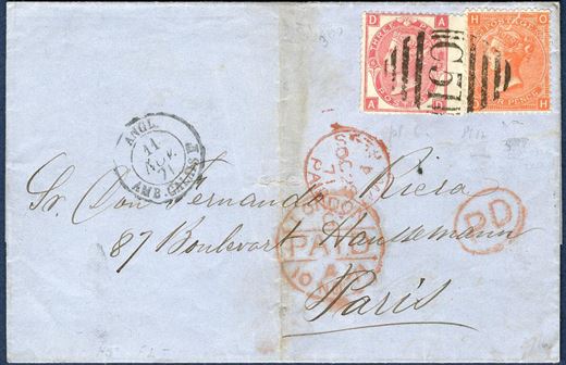 Letter sent from P. Camp to Paris through the British Post Office at St. Thomas 23 October 1871, franked at St. Thomas with 3 and 4d tied by C51 vertical format, showing 1-ring “St. Thomas PAID A” in red, London transit mark and exchange office “Angl. Amb. Calais F”. Round corner at 3d stamp and interesting plate flaw at 4d stamp, vertical fold in cover not affecting the stamps.