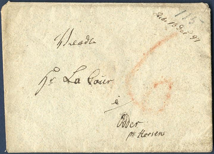 Early letter from Ribe to Odder pr. Horsens with postal manuscript ”Ribe 12. Dec. 97” and 6 sk. “6” red crayon. On reverse ”6-6”, list no. 6, rate 6 sk. by receiver.