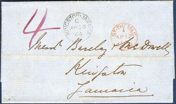 Letter sent from St. Thomas to Kingston, Jamaica 12 April 1864 with British mail at 4d rate. Red “ST. THOMAS A - PAID” and Kingston receiving mark on front, with contents.