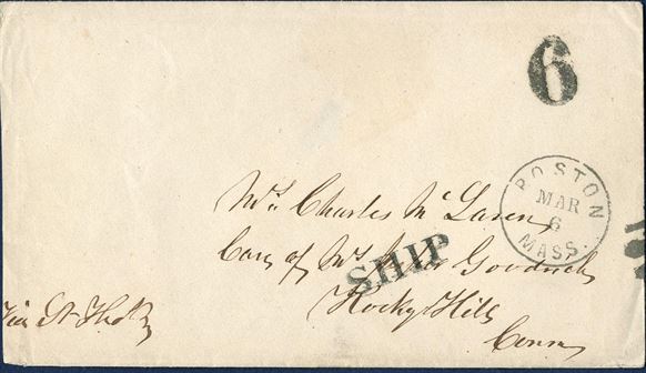 Envelope forwarded from St. Thomas to Rocky Hills, Conn, charged “6” cents and Boston, Mass. CDS on front and “SHIP” mark, ca. 1850'ies. On reverse forwarding agent mark “FORWARDED BY - G.W. SMITH & CO. - ST. THOMAS” in greenish blue.