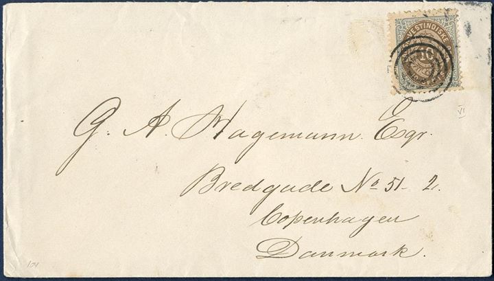 Letter franked with 10 cents bicoloured VI printing from Christianssted to Copenhagen December 12, 1895 tied by mute four-ring cancellation and to make up the 10 cents UPU rate. On reverse Christianssted C and St. Thomas transit. Arrival mark on reverse.