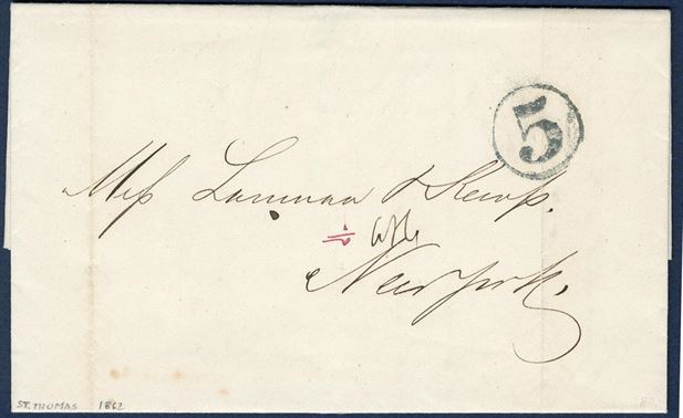 Entire sent from St. Thomas to New York 1862, charged 5 cents stamped with 1-ring “5”.