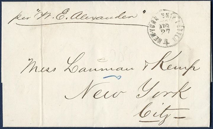 Entire sent from St. Thomas to New York 2 April 1864, charged 4 cents stamped by “NEW YORK SHIP LETTER - 4 - APR 27” and posted aboard the steamer “Alexander”.