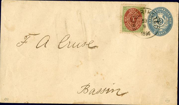 2 Cents envelope wm III with additional 1 cent bicoloured VIII printing from Frederiksted to Bassin September 23, 1896 tied by Frederiksted cds and Christiansted arrival mark on reverse. Local rate 3 cents, unusual item.