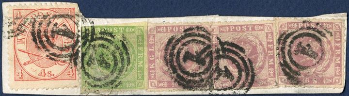 Piece with 3x 16 sk. rouletted issue, 8 sk. 1857 and 4 sk. 1864 tied by numeral 1. Fine stamps on attractive exhibition piece.
