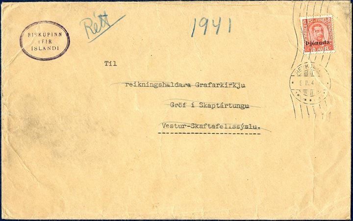 PRINTED MATTER Official letter from Reykjavik to Vík í Myrdal April 9, 1941 franked with a single overprinted Pjónusta 10 aur King Christian X issue. Rate 10 aur for printed matters weighing up to 50 grams. Rare