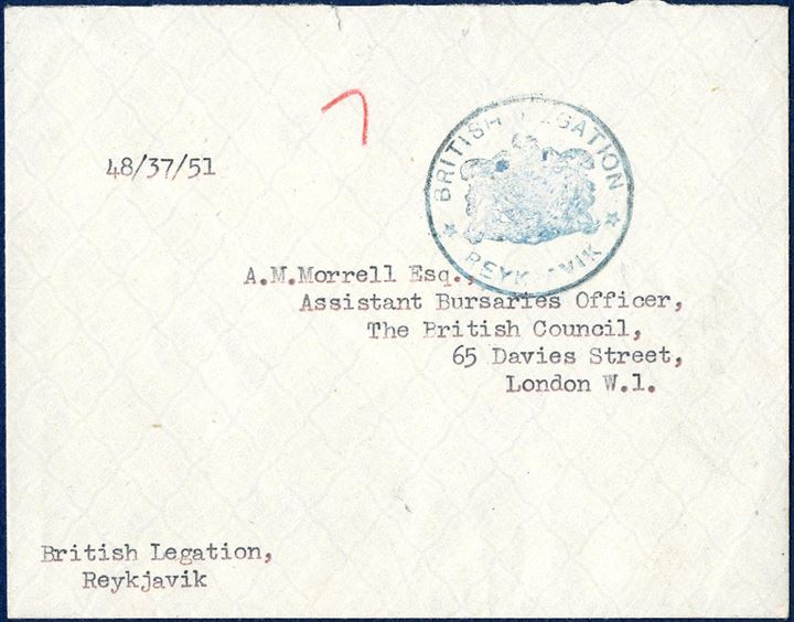 Diplomatic mail sent by and with “British Legation - Reykjavik” cachet 1951, then likely delivered to The British Council in London.