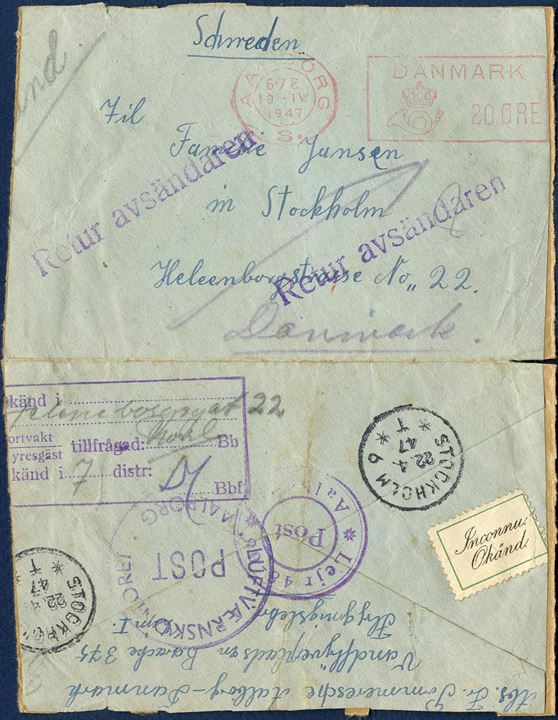 Letter from a refugee in the camp of Aalborg Water airfield, barach 375 to Stockholm on 19. April 1947. Receiver there is unknown, thus returned to Aalborg. Two Aalborg camp marks on reverse. Interesting and appealing cover.